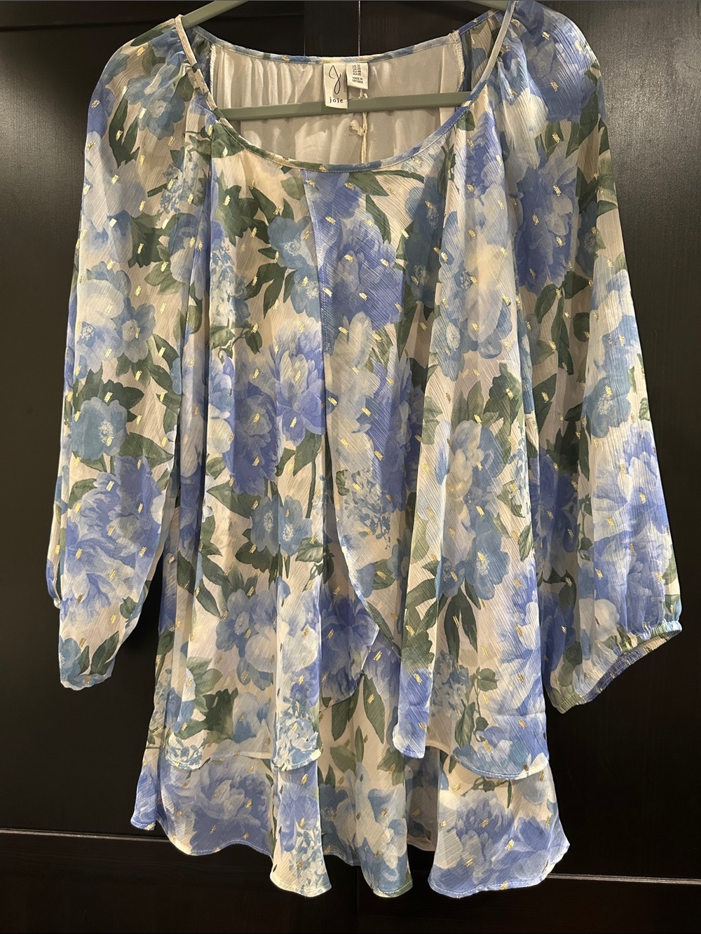 Joie Sheer Blue Floral Peasant Blouse with Green Leaf Print